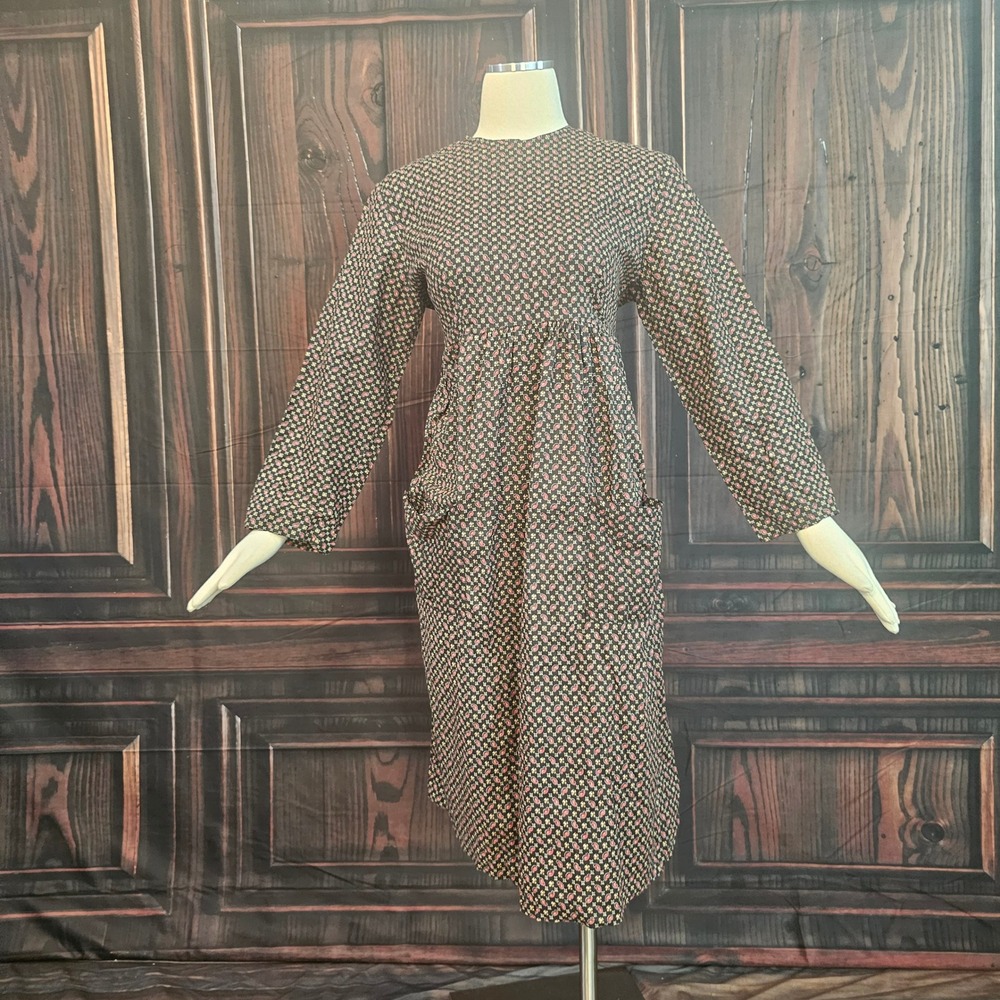 Vintage 1960s Empire Waist Midi Dress Long Sleeve Floral Paisley Pockets Black